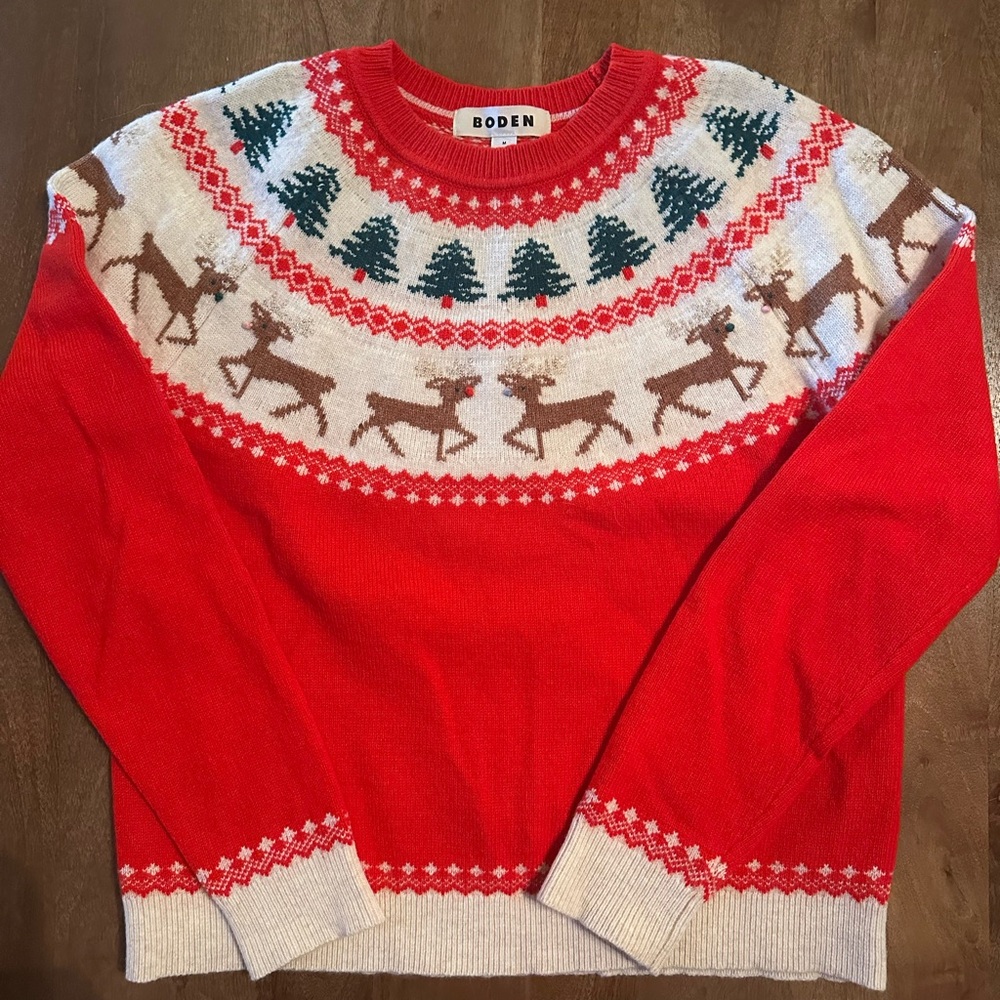 Boden Red Fair Isle Crewneck Sweater with Reindeer & Trees